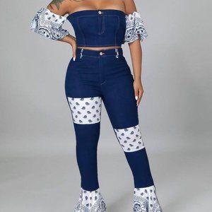 women two piece denim bandana cropped top and pant